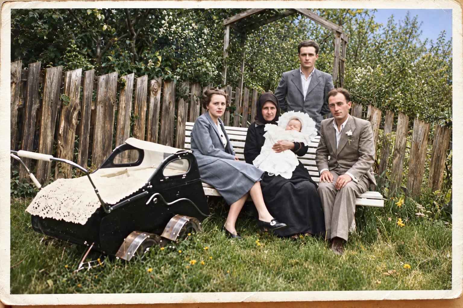 Familjefotografi från Bosnien, taget 1938, med barnvagn. Ursprungligen svartvitt och senare färglagt med hjälp av AI.